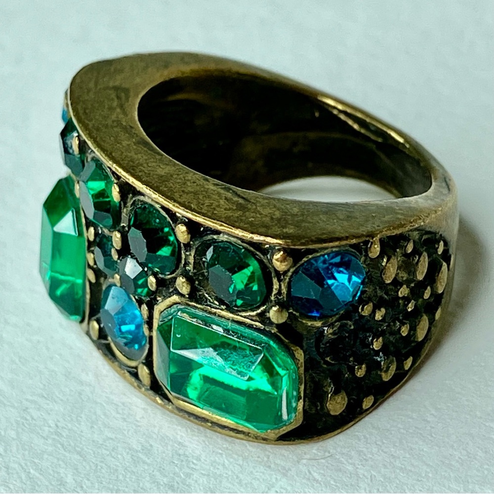 Vintage Gold colored Ring with Green and Blue Gems Size 6